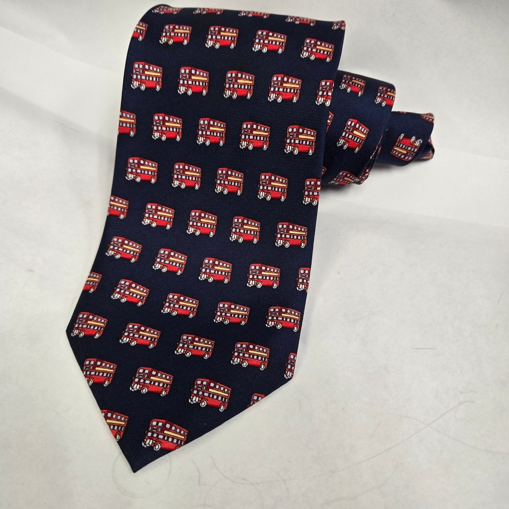 The Tie Studio London Mens Silk Tie Navy Blue Red Double Decker Bus London Print